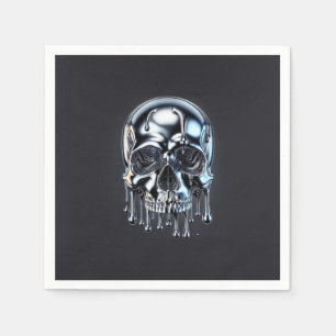 Liquid Chrome Silver Drip Skull Halloween Party Napkin