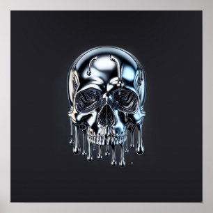 Liquid Chrome Silver Drip Skull Halloween Party Poster