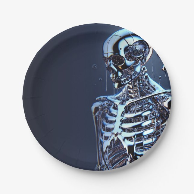 Liquid Chrome Silver Skeleton Robot Birthday Party Paper Plate (Front)