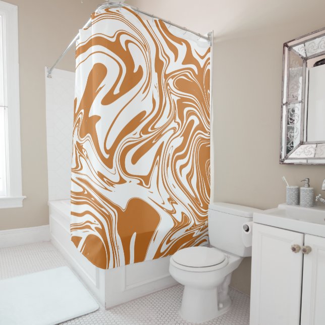 Liquid Contemporary Dark Orange Marble Swirls Shower Curtain (In Situ)