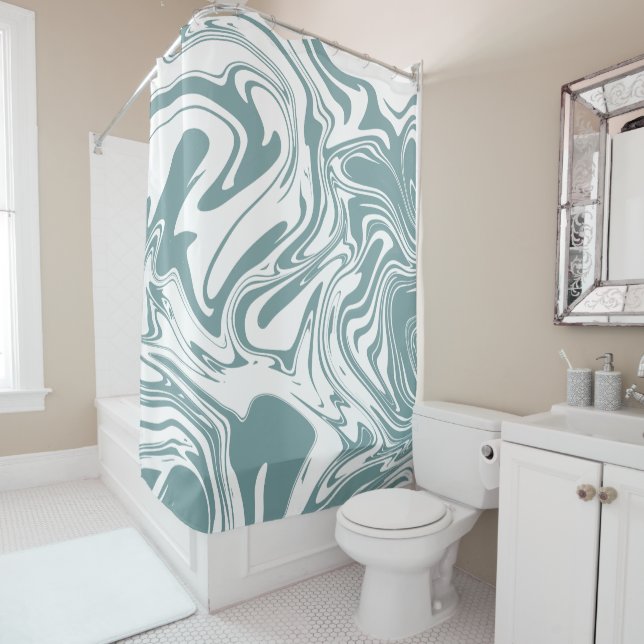 Liquid Contemporary Grey Baby Blue Marble Swirls Shower Curtain (In Situ)