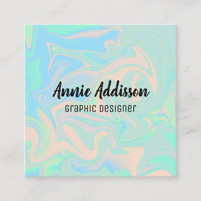 Liquid faux holographic iridescent texture square business card (Front)