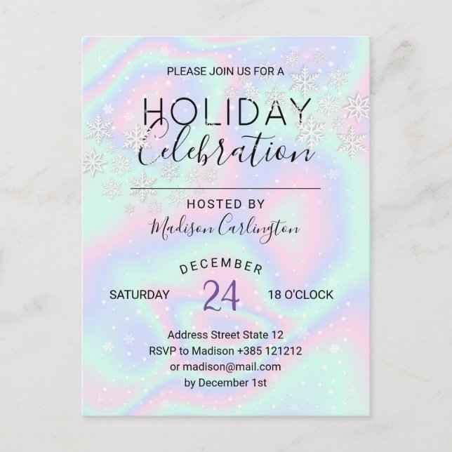 Liquid Faux Holographic Texture Snowflakes Holiday Invitation Postcard (Front)