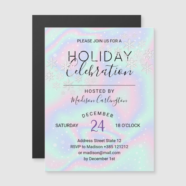 Liquid Faux Holographic Texture Snowflakes Magnetic Invitation (Front/Back)