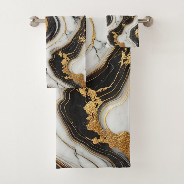 Liquid Gold Black White Marble Look Glam  Bath Towel Set (Insitu)