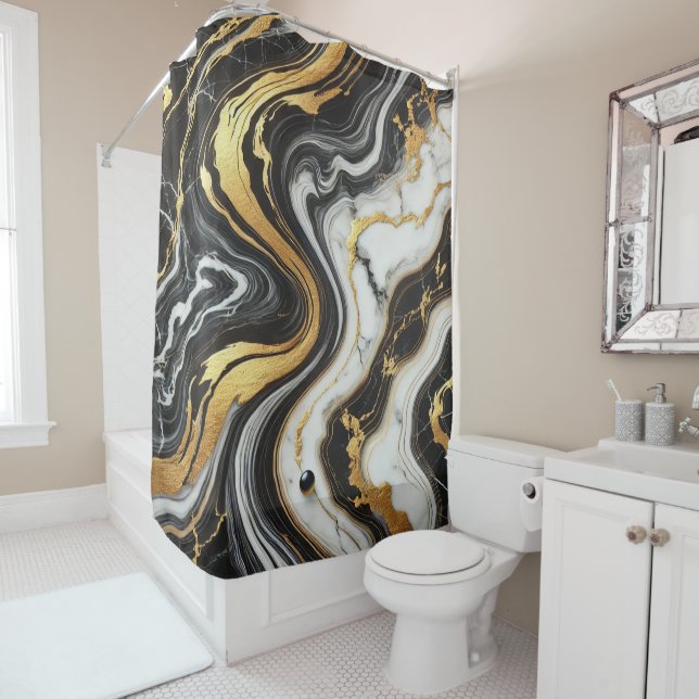 Liquid Gold Black White Marble Look Glam  Shower Curtain (In Situ)