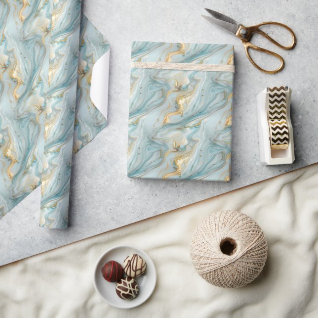 Liquid Gold Marble Pattern on White and Pale Blue Wrapping Paper (Crafts)
