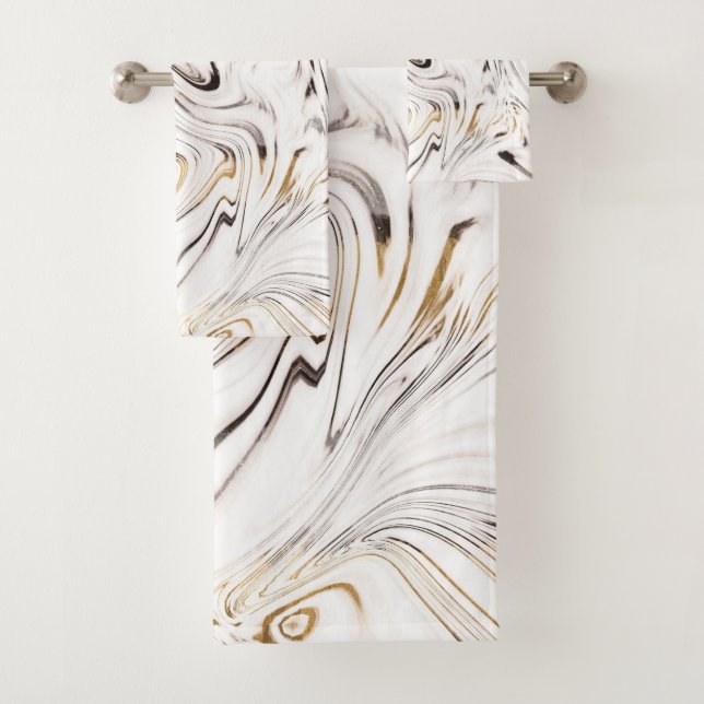 Liquid Gold Silver Black Marble #1 Bath Towel Set (Insitu)