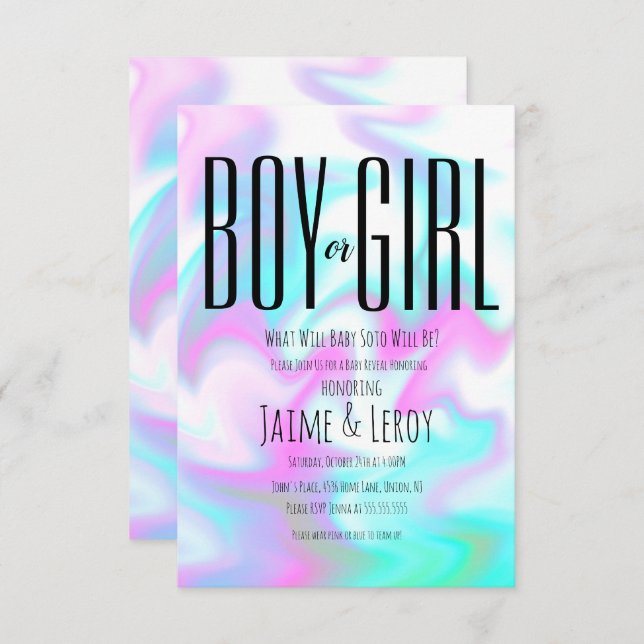 Liquid Iridescent Candy Gender Reveal He or She  Invitation (Front/Back)