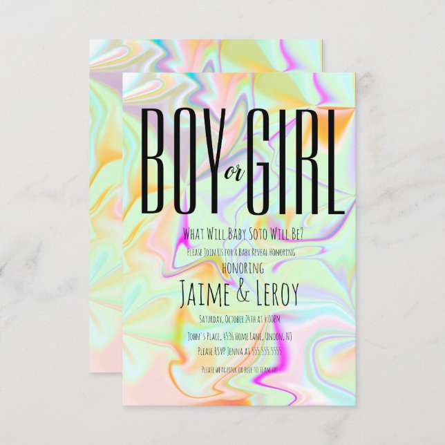 Liquid Iridescent Gender Reveal He or She  Invitation (Front/Back)