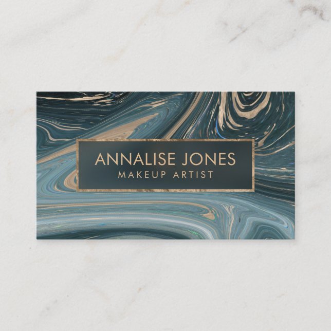Liquid Marble Abstract Art Blue and Gold Business Card (Front)
