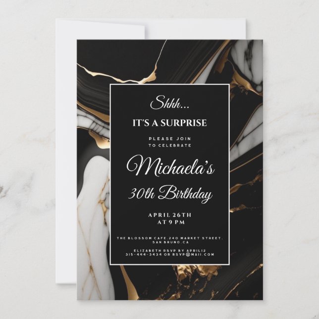 liquid marble gold glitter surprise birthday  invitation (Front)
