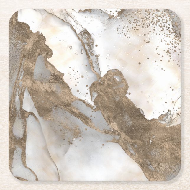 Liquid marble - pearl and gold square paper coaster (Front)