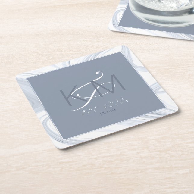 Liquid Marble Wedding Dusty Blue ID888  Square Paper Coaster (Angled)