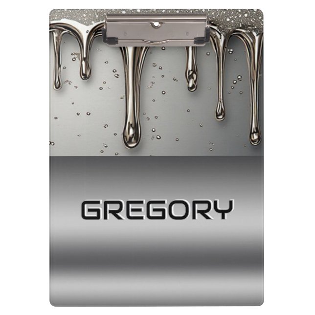 Liquid Metal Dripping Over Silver Chrome Surface Clipboard (Front)