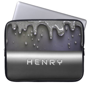 Liquid Metal Dripping Over Silver Chrome Surface Laptop Sleeve