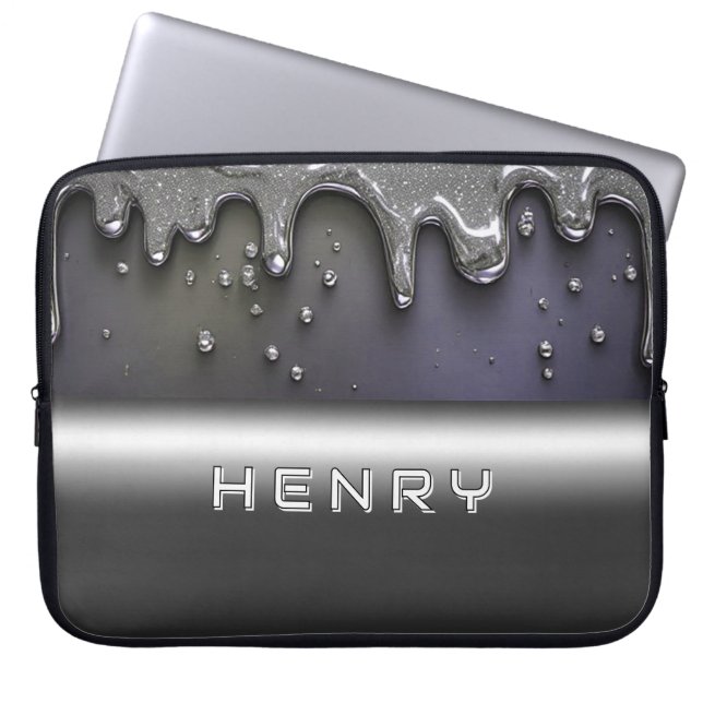 Liquid Metal Dripping Over Silver Chrome Surface Laptop Sleeve (Front)