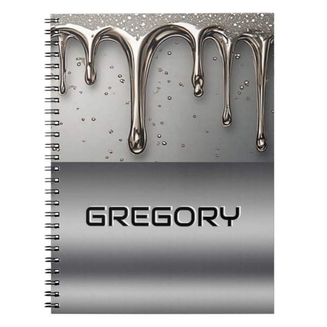 Liquid Metal Dripping Over Silver Chrome Surface Notebook (Front)