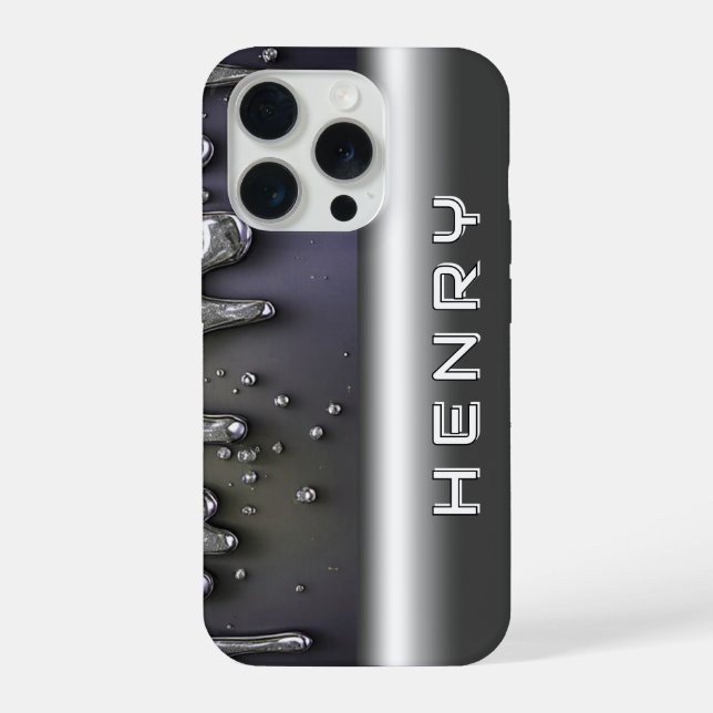 💿 Liquid Metal Flow Name Glow Over Silver Chrome iPhone Case (Back)