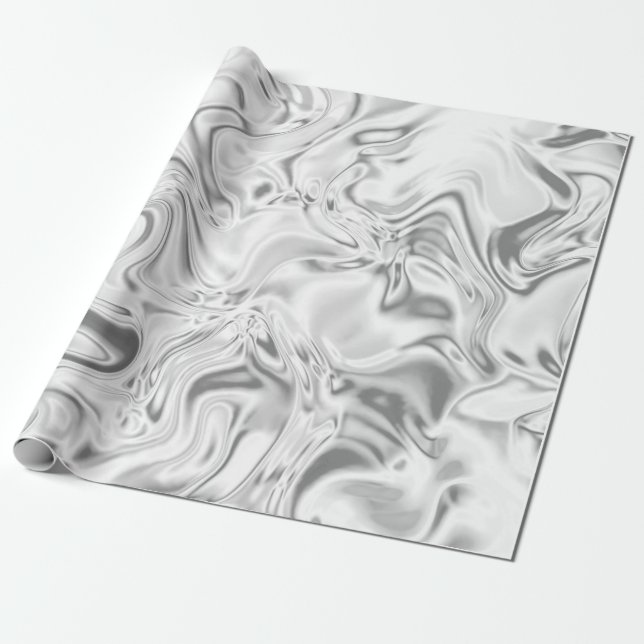 Liquid Silver Satin Marbled Effect Metallic Swirl Wrapping Paper (Unrolled)