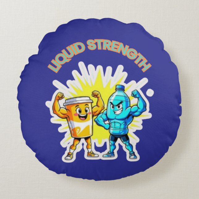 Liquid Strength – Funny Juice & Water Muscle Desig Round Cushion (Front)