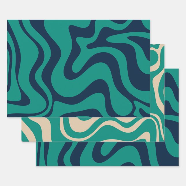 Liquid Swirl Abstract Pattern Blue and Teal Wrapping Paper Sheet (Set)