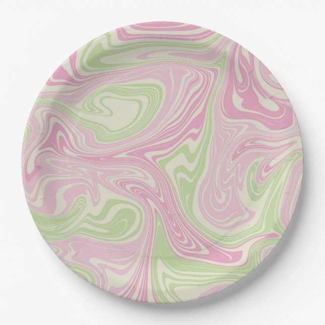 Liquid Swirl Green Pink Pattern Paper Plate (Front)