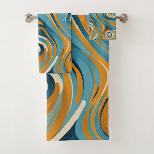 Liquid Swirl Ochre Blue Trippy Pattern Bath Towel Set