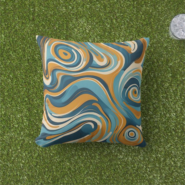 Liquid Swirl Ochre Blue Trippy Pattern Cushion (Grass)