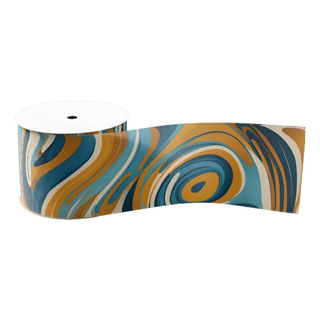 Liquid Swirl Ochre Blue Trippy Pattern Grosgrain Ribbon (Spool)