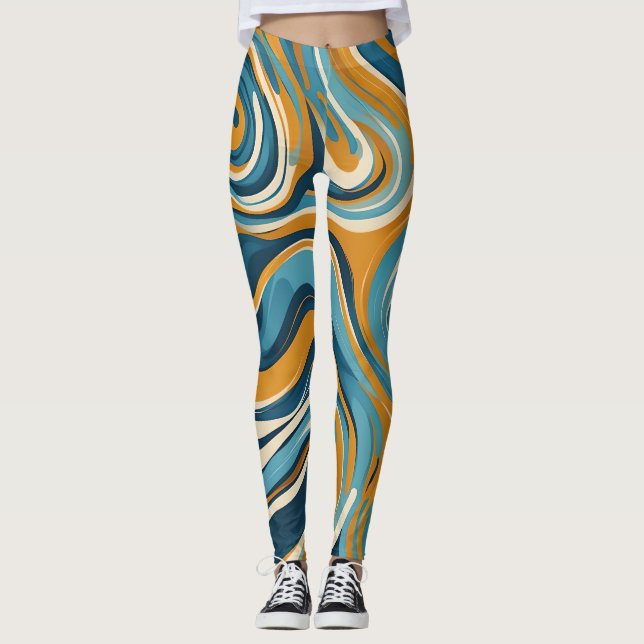 Liquid Swirl Ochre Blue Trippy Pattern Leggings (Front)