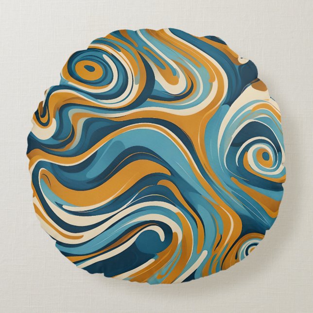 Liquid Swirl Ochre Blue Trippy Pattern Round Cushion (Front)