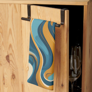 Liquid Swirl Ochre Blue Trippy Pattern Tea Towel