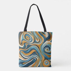 Liquid Swirl Ochre Blue Trippy Pattern Tote Bag