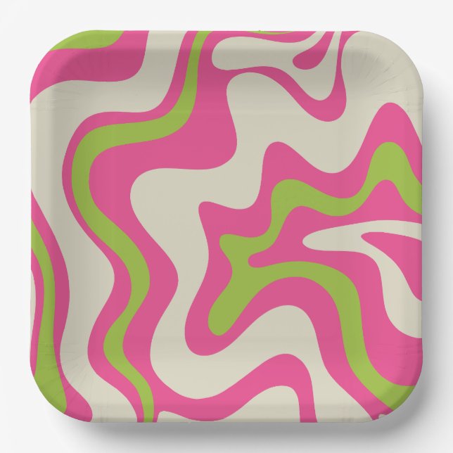 Liquid Swirl Retro Abstract Pattern Hot Pink Lime  Paper Plate (Front)