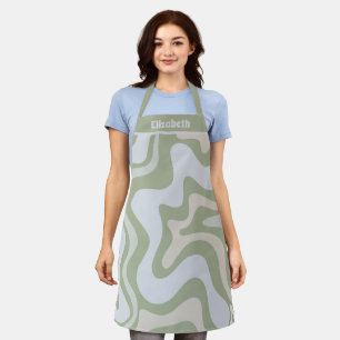 Liquid Swirl Retro Abstract Pattern Sage with Name Apron