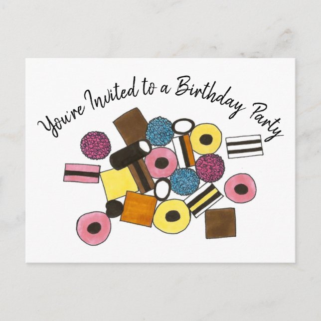 Liquorice Allsorts Candy Birthday Party Invitation Postcard (Front)