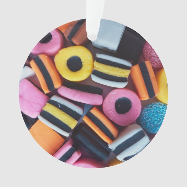 Liquorice Allsorts Candy Pattern with Custom Text Ornament (Front)