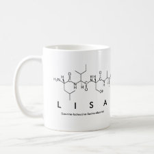 Mug featuring the name Lisa spelled out in the single letter amino acid code