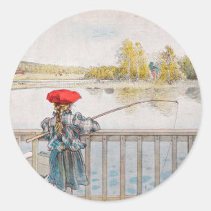 Lisbet Fishing by Carl Larsson, Vintage Fine Art Classic Round Sticker