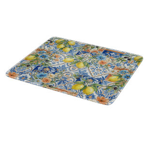 Lisbon Blue Lemon Tile Citrus Kitchen Decor Cutting Board