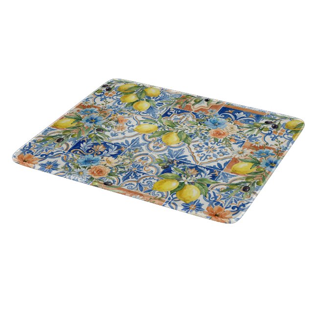 Lisbon Blue Lemon Tile Citrus Kitchen Decor Cutting Board (Corner)