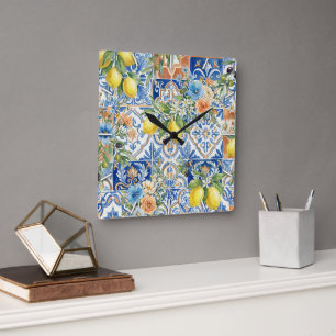 Lisbon Blue Lemon Tile Citrus Kitchen Decor Square Wall Clock