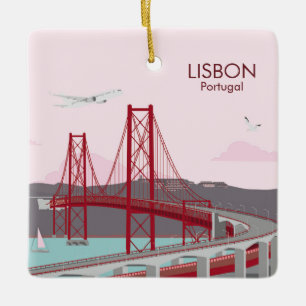 Lisbon bridge over Tagus river in vintage style Ceramic Ornament