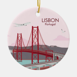 Lisbon bridge over Tagus river in vintage style  Ceramic Tree Decoration