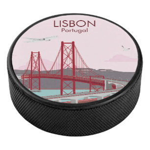 Lisbon bridge over Tagus river in vintage style  Hockey Puck