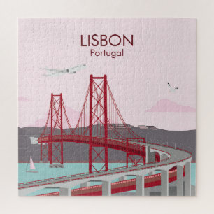 Lisbon bridge over Tagus river in vintage style Jigsaw Puzzle