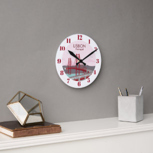 Lisbon bridge over Tagus river in vintage style Round Clock
