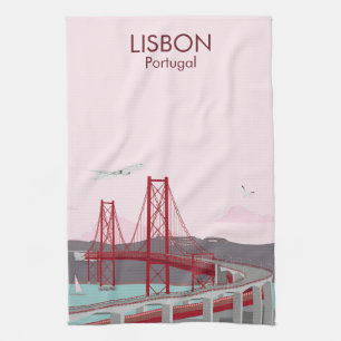 Lisbon bridge over Tagus river in vintage style   Tea Towel