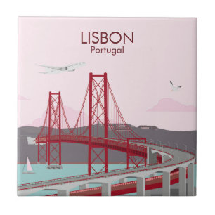 Lisbon bridge over Tagus river in vintage style  Tile
